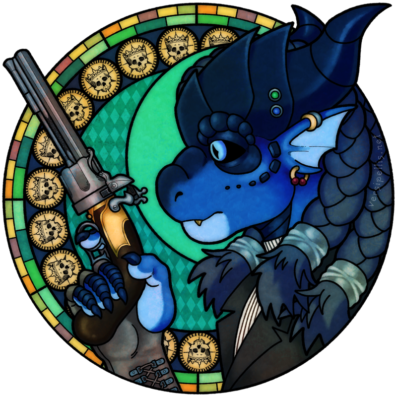 stained glass-style art of a blue dragonborn character holding a pistol